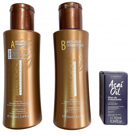 Pack Anti Frizz Brasil Cacau A Shampooing + B Après-shampooing 2x100ml & sérum Açai Oil 10ml Cadiveu (contenu)
